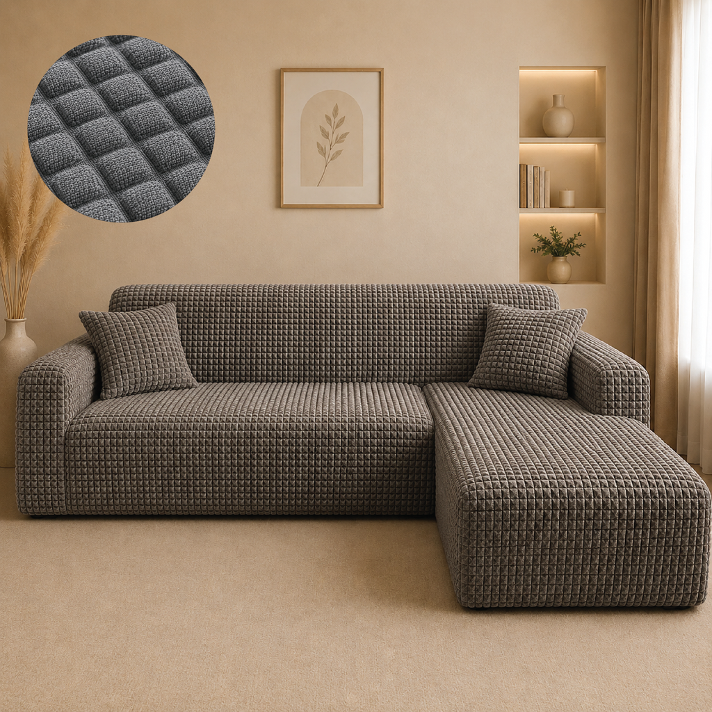 Bubble Turkish L Shape Fitted Sofa Cover Set - Grey