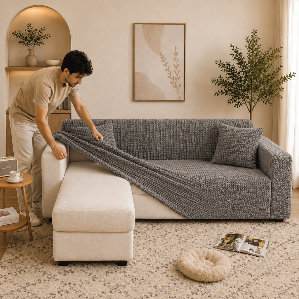 Bubble Turkish L Shape Fitted Sofa Cover Set - Grey