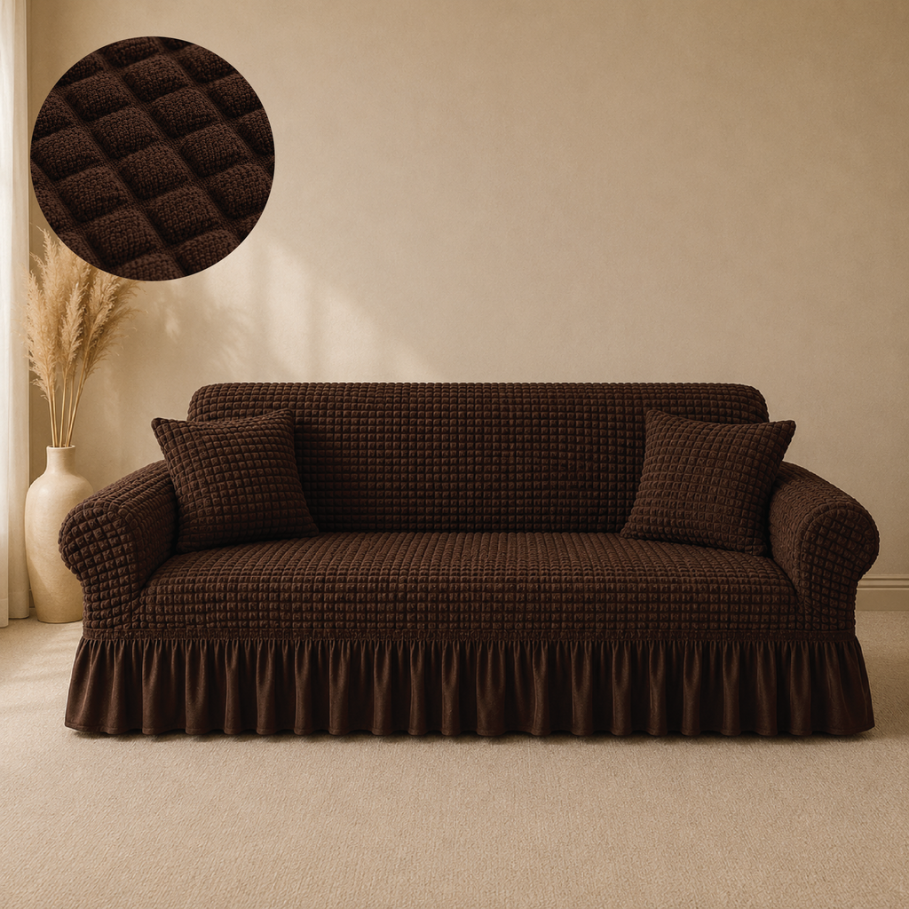 Bubble Turkish Frilled Sofa Cover Set - Brown