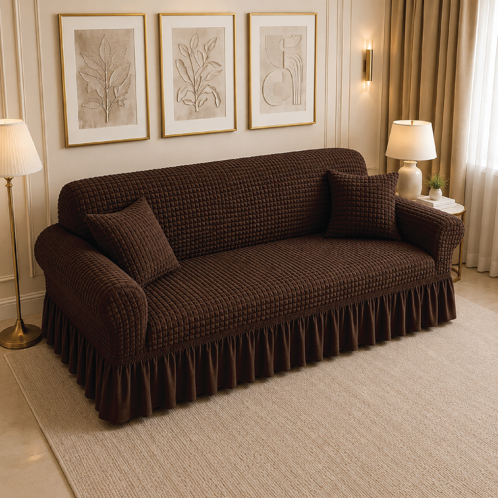 Bubble Turkish Frilled Sofa Cover Set - Brown