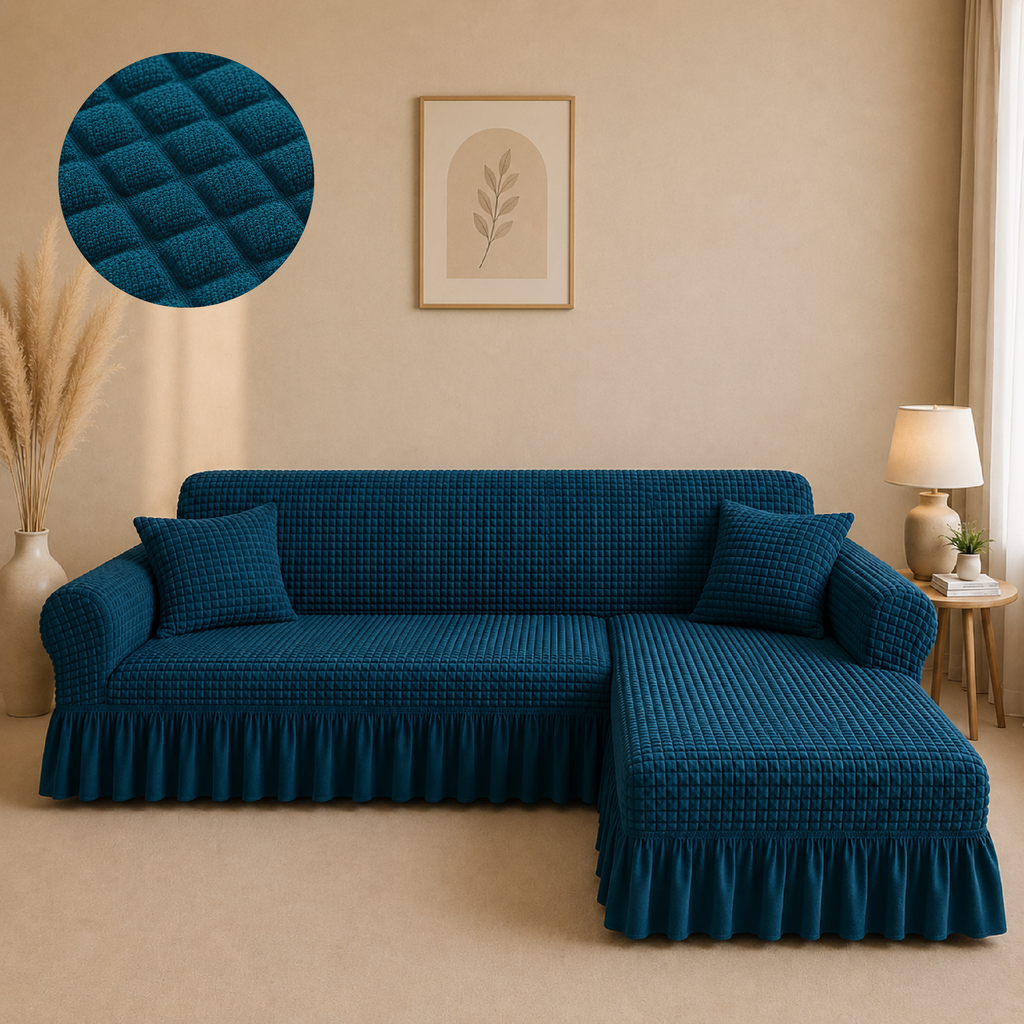 Bubble Turkish L Shape Frilled Sofa Cover Set - Zink