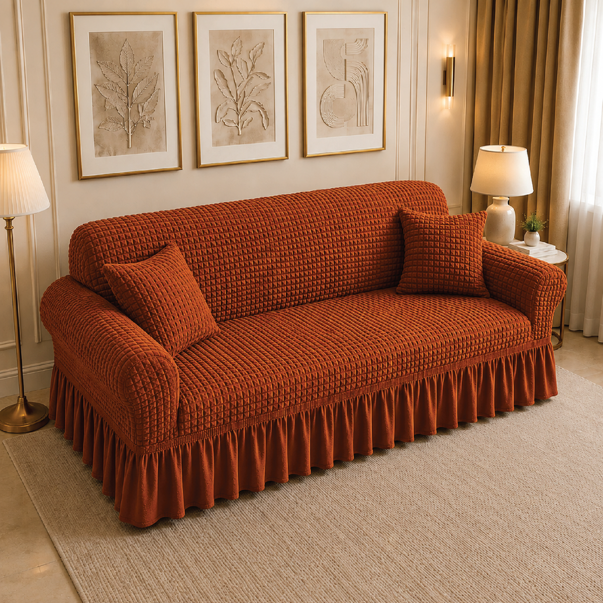 Bubble Turkish Frilled Sofa Cover Set - Copper