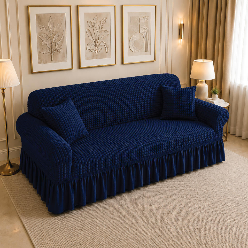 Bubble Turkish Frilled Sofa Cover Set - Blue