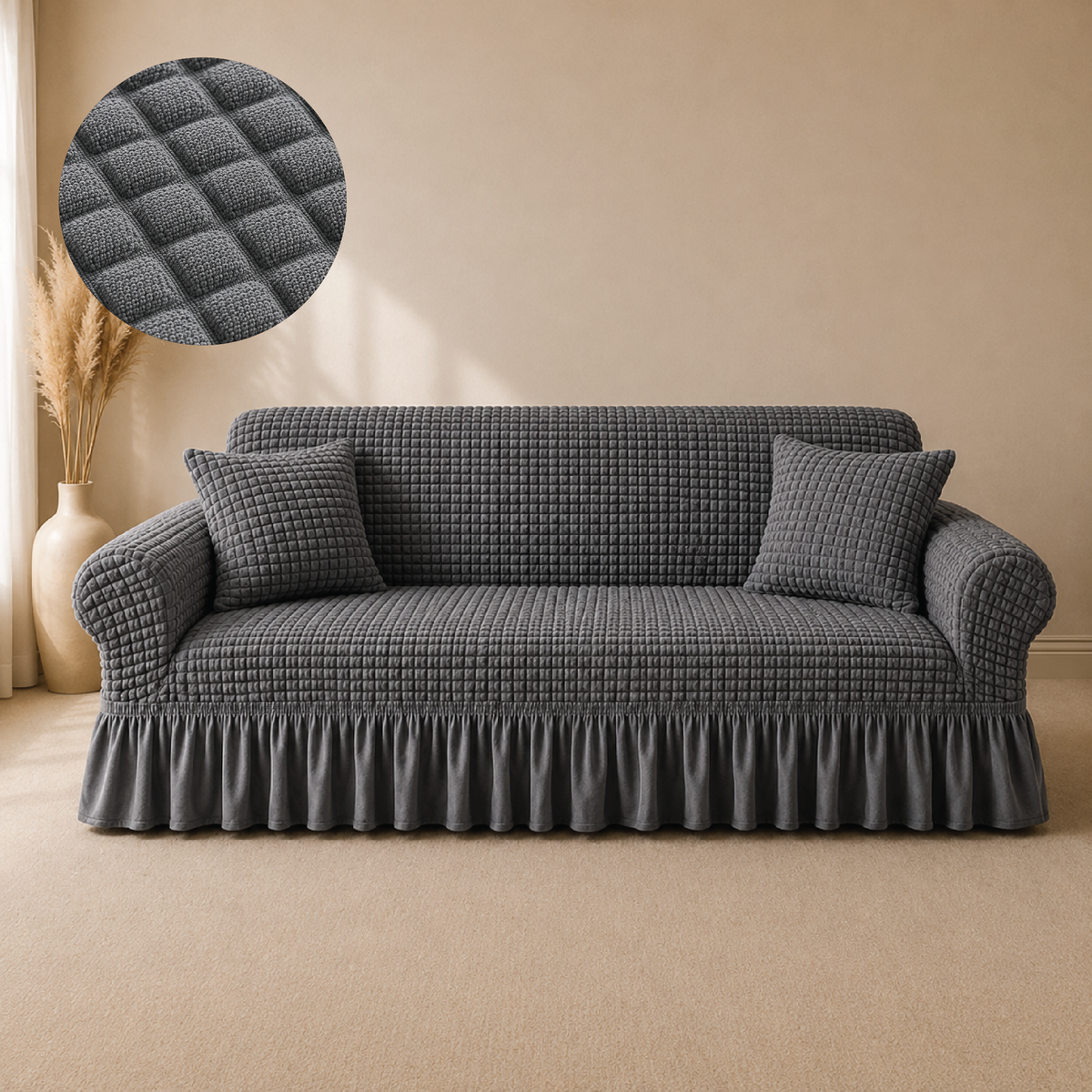 Bubble Turkish Frilled Sofa Cover Set - Grey