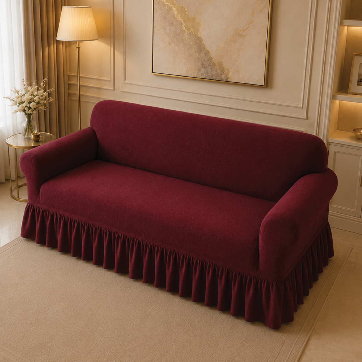 Mesh Turkish Frilled Sofa Covers - Maroon