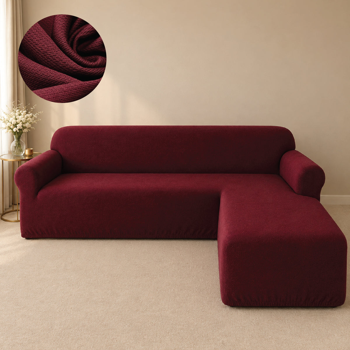 Mesh Turkish L Shape Fitted Sofa Covers - Maroon