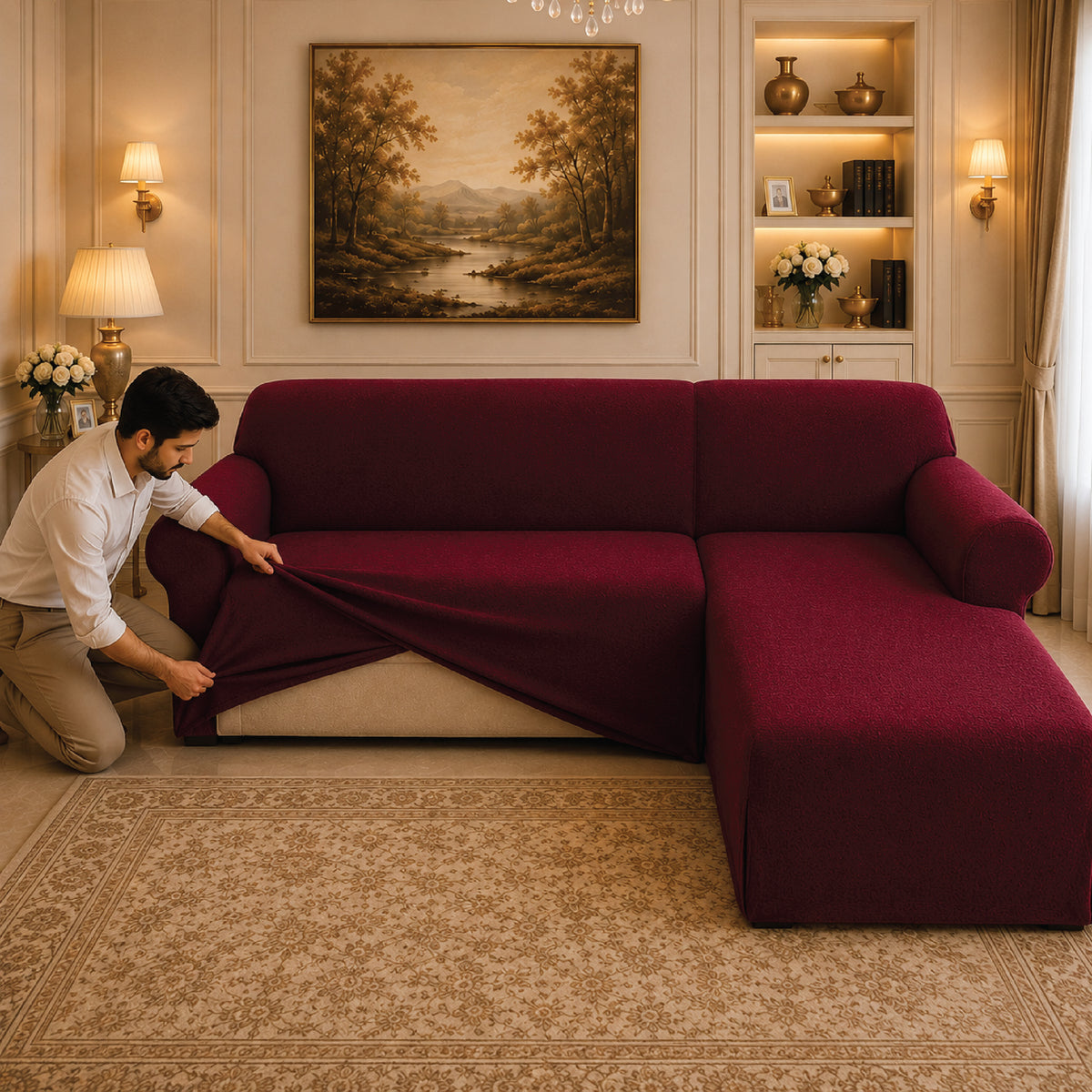 Mesh Turkish L Shape Fitted Sofa Covers - Maroon