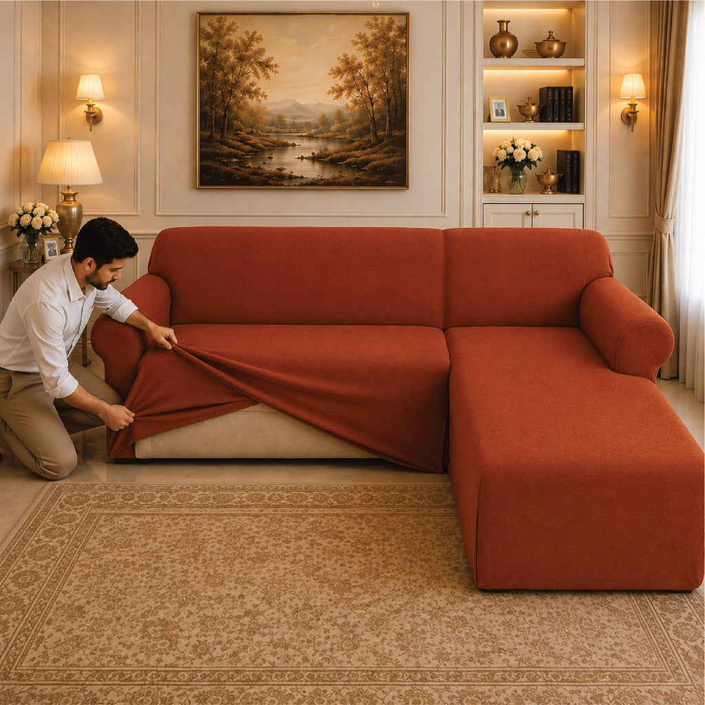 Mesh Turkish L Shape Fitted Sofa Covers - Copper