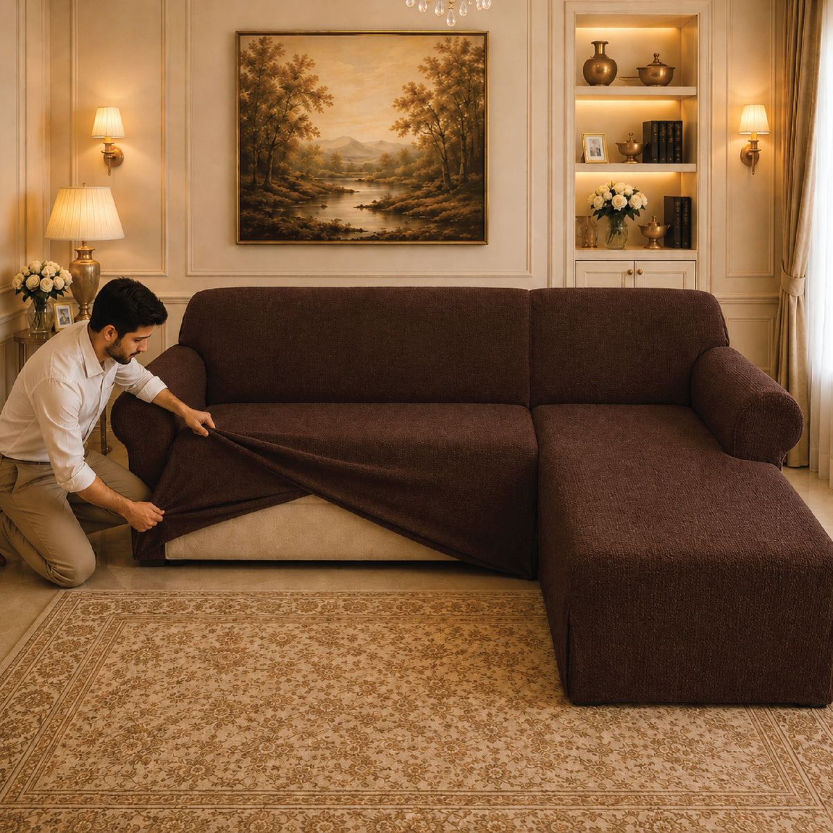 Mesh Turkish L Shape Fitted Sofa Covers - Brown