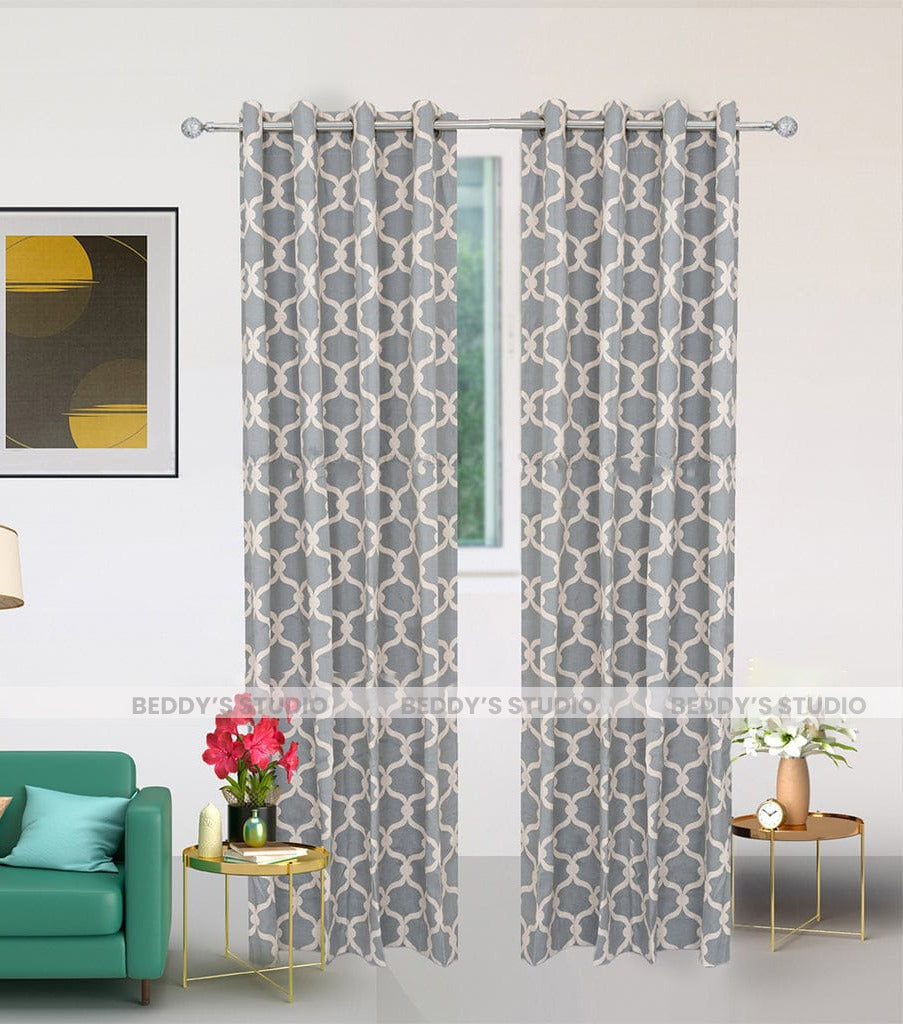 Set Of 2 Printed Grey Window Curtains Panels