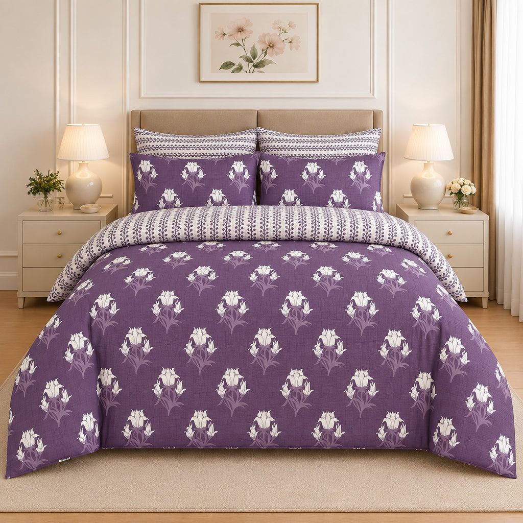 Navy Blue Abstract Palm Frond Cotton Printed Bed Sheet Set