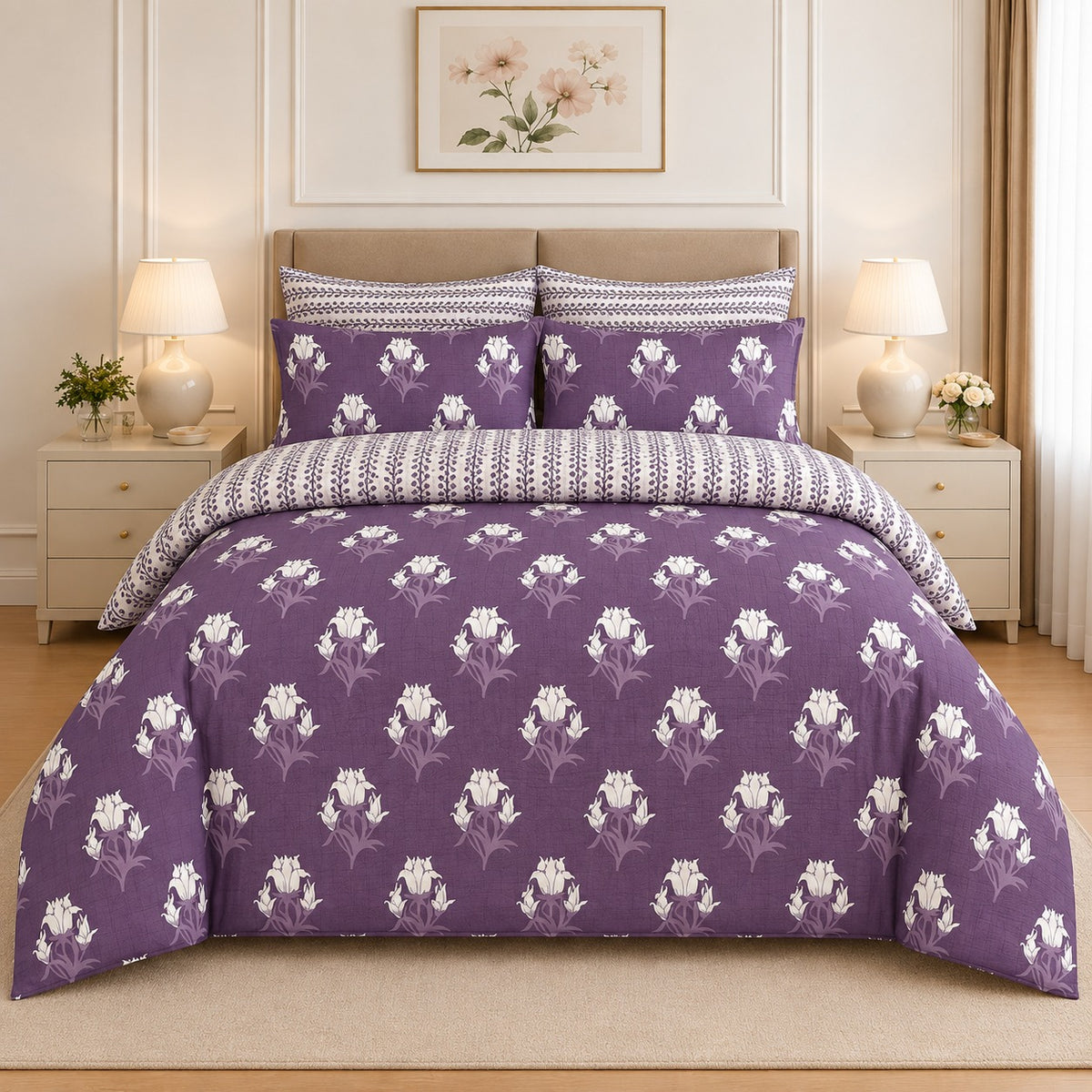 Navy Blue Abstract Palm Frond Cotton Printed Bed Sheet Set