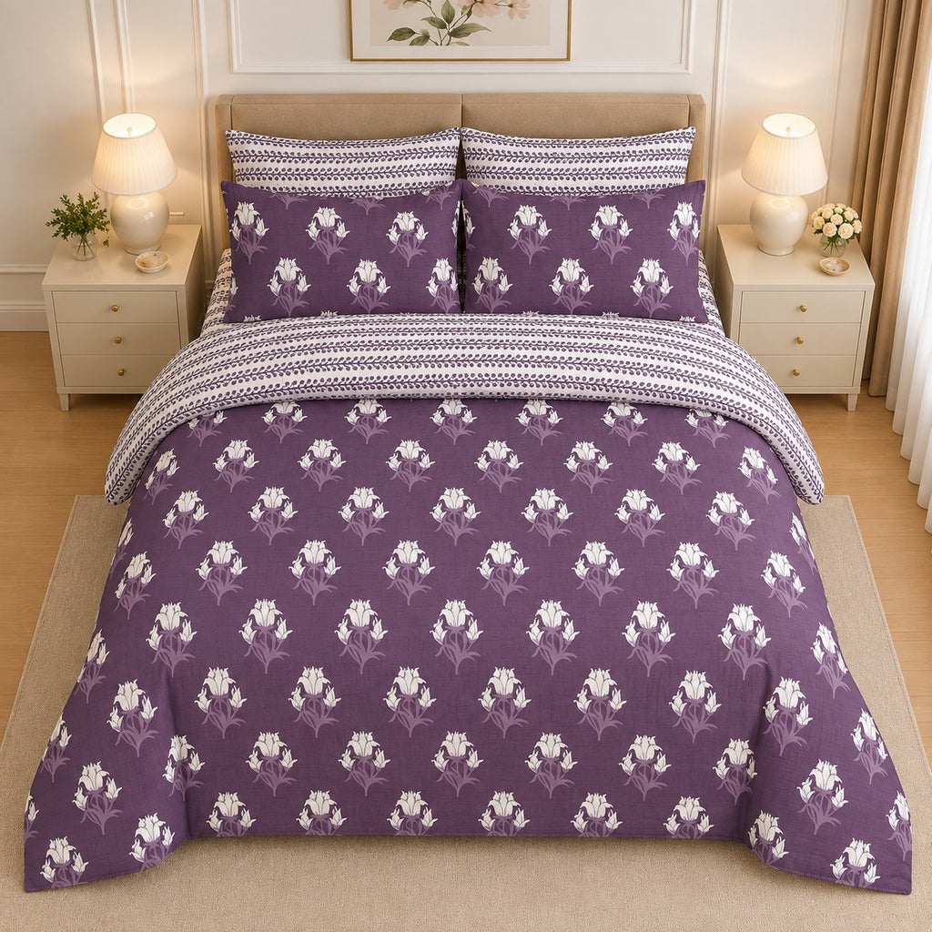 Navy Blue Abstract Palm Frond Cotton Printed Bed Sheet Set