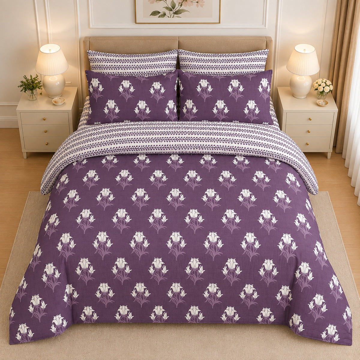 Navy Blue Abstract Palm Frond Cotton Printed Bed Sheet Set