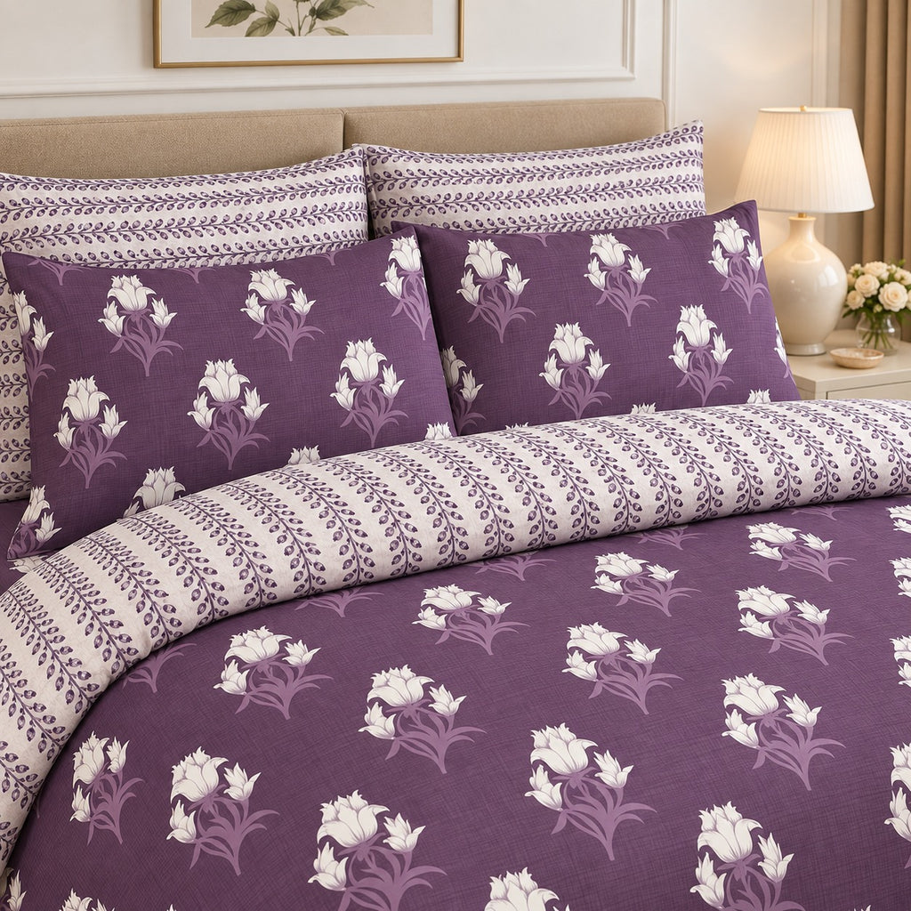 Navy Blue Abstract Palm Frond Cotton Printed Bed Sheet Set