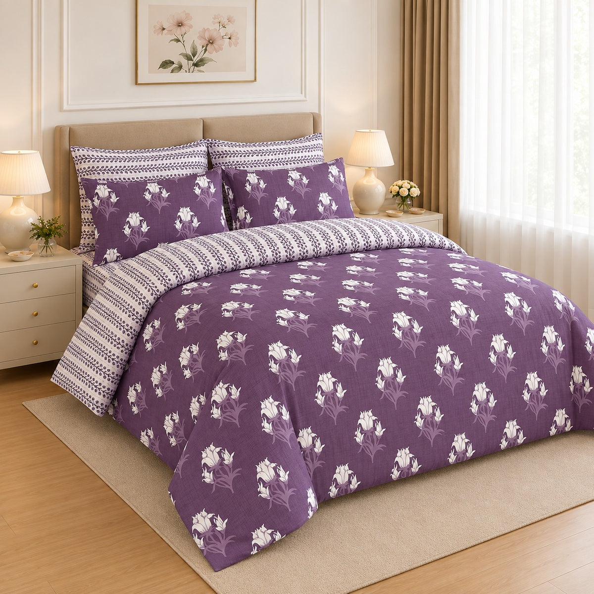 Navy Blue Abstract Palm Frond Cotton Printed Bed Sheet Set