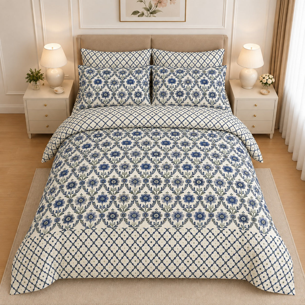 Cornflower Vine Cotton Printed Bed Sheet Set