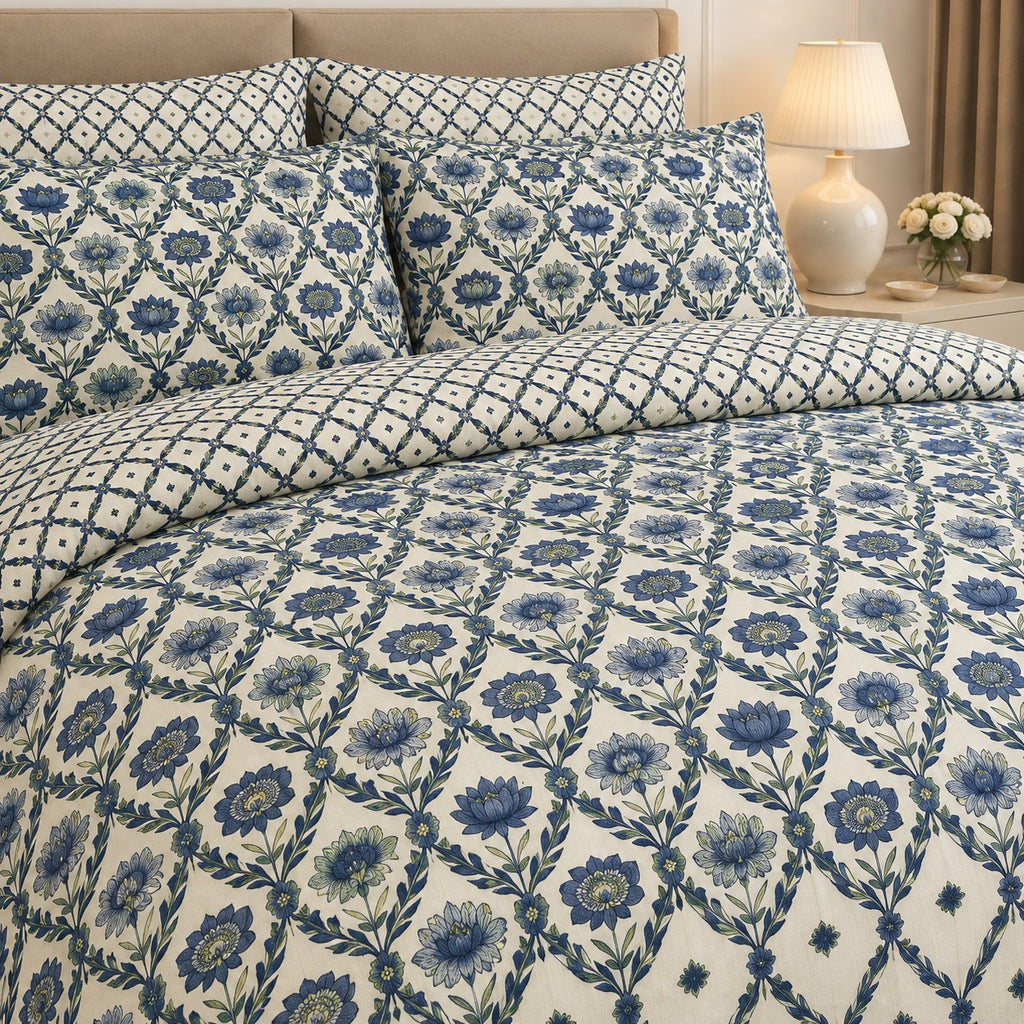 Cornflower Vine Cotton Printed Bed Sheet Set
