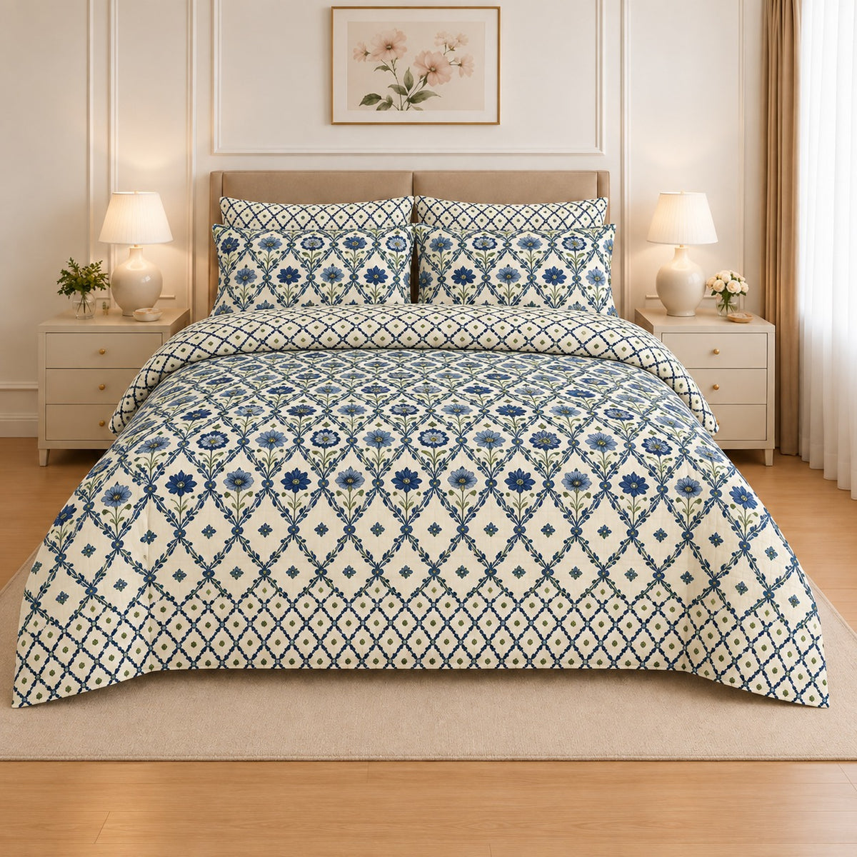 Cornflower Vine Cotton Printed Bed Sheet Set