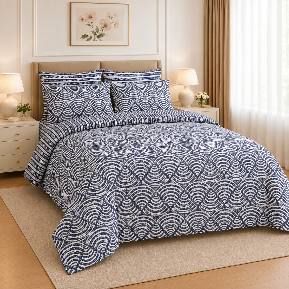 Ornamental Damask Cotton Printed Bed Sheet Set