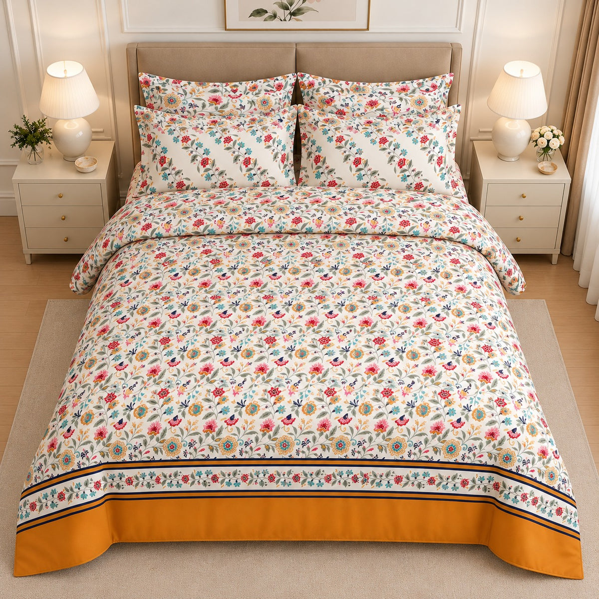 Soft Lilac Leafy Vine Cotton Printed Bed Sheet Set