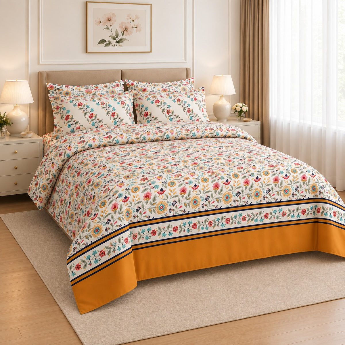 Soft Lilac Leafy Vine Cotton Printed Bed Sheet Set