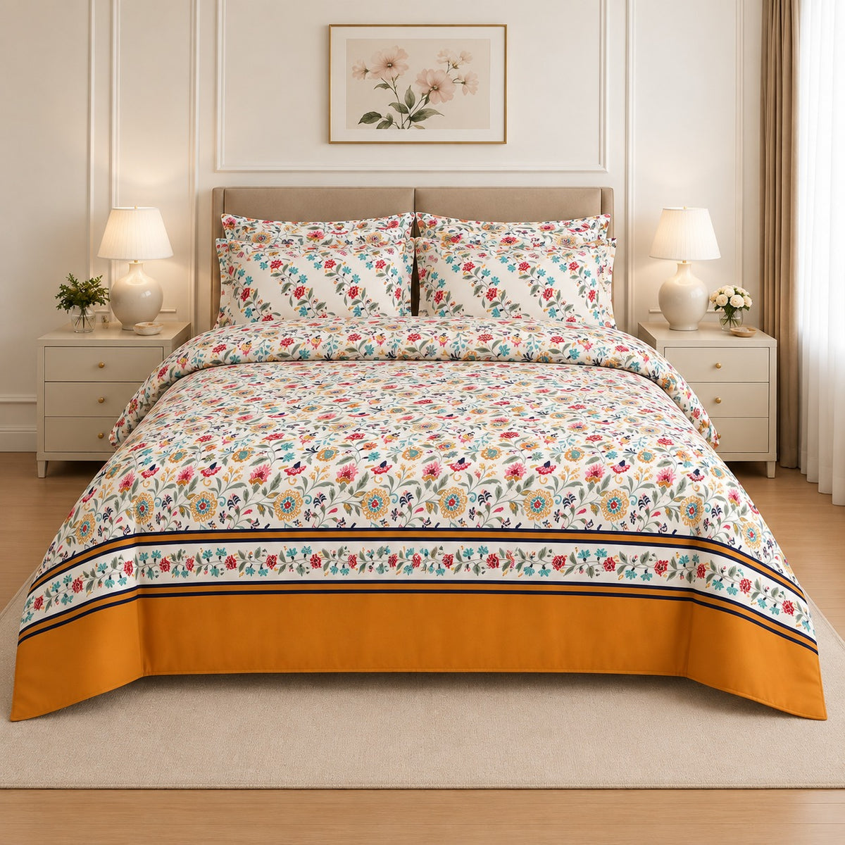 Soft Lilac Leafy Vine Cotton Printed Bed Sheet Set