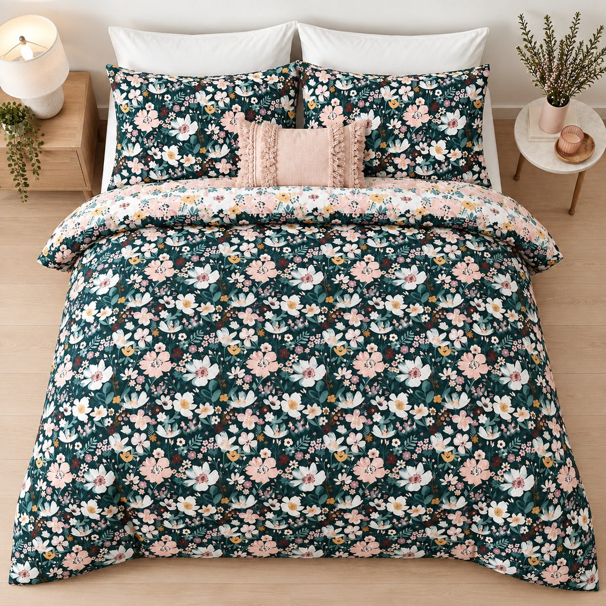 Sage Leafy Floral Percale Cotton Bed Sheet Set