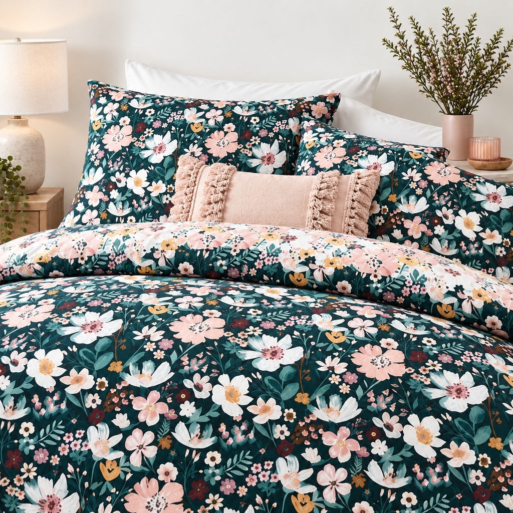 Sage Leafy Floral Percale Cotton Bed Sheet Set