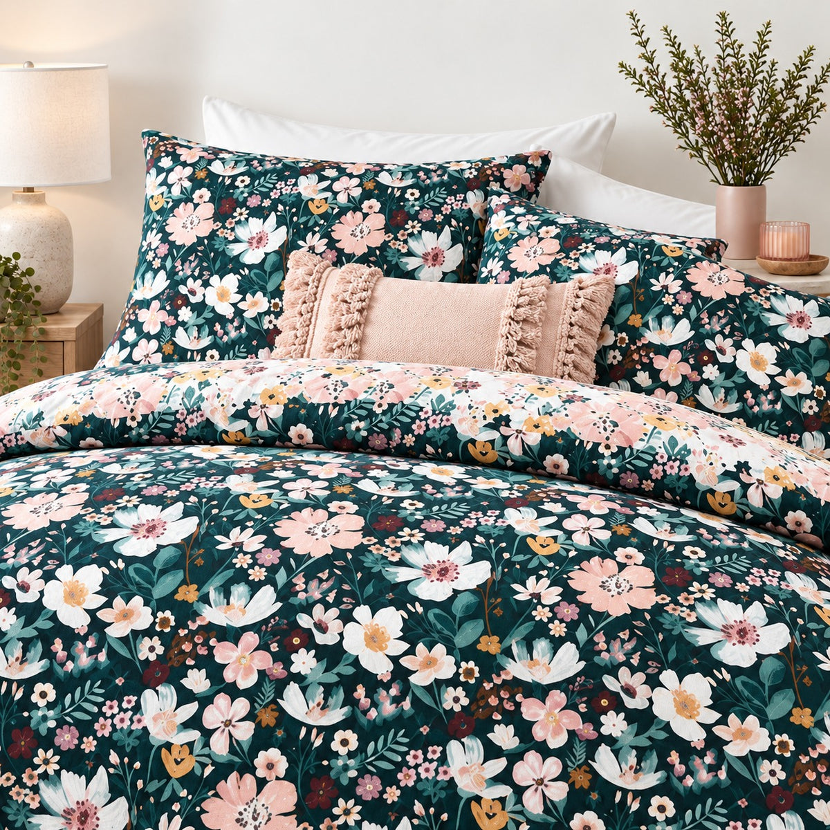 Sage Leafy Floral Percale Cotton Bed Sheet Set