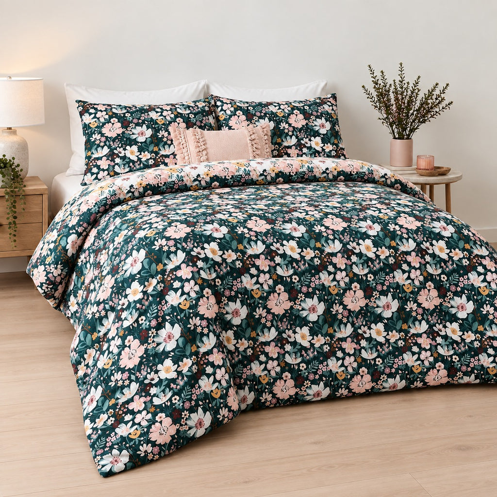 Sage Leafy Floral Percale Cotton Bed Sheet Set