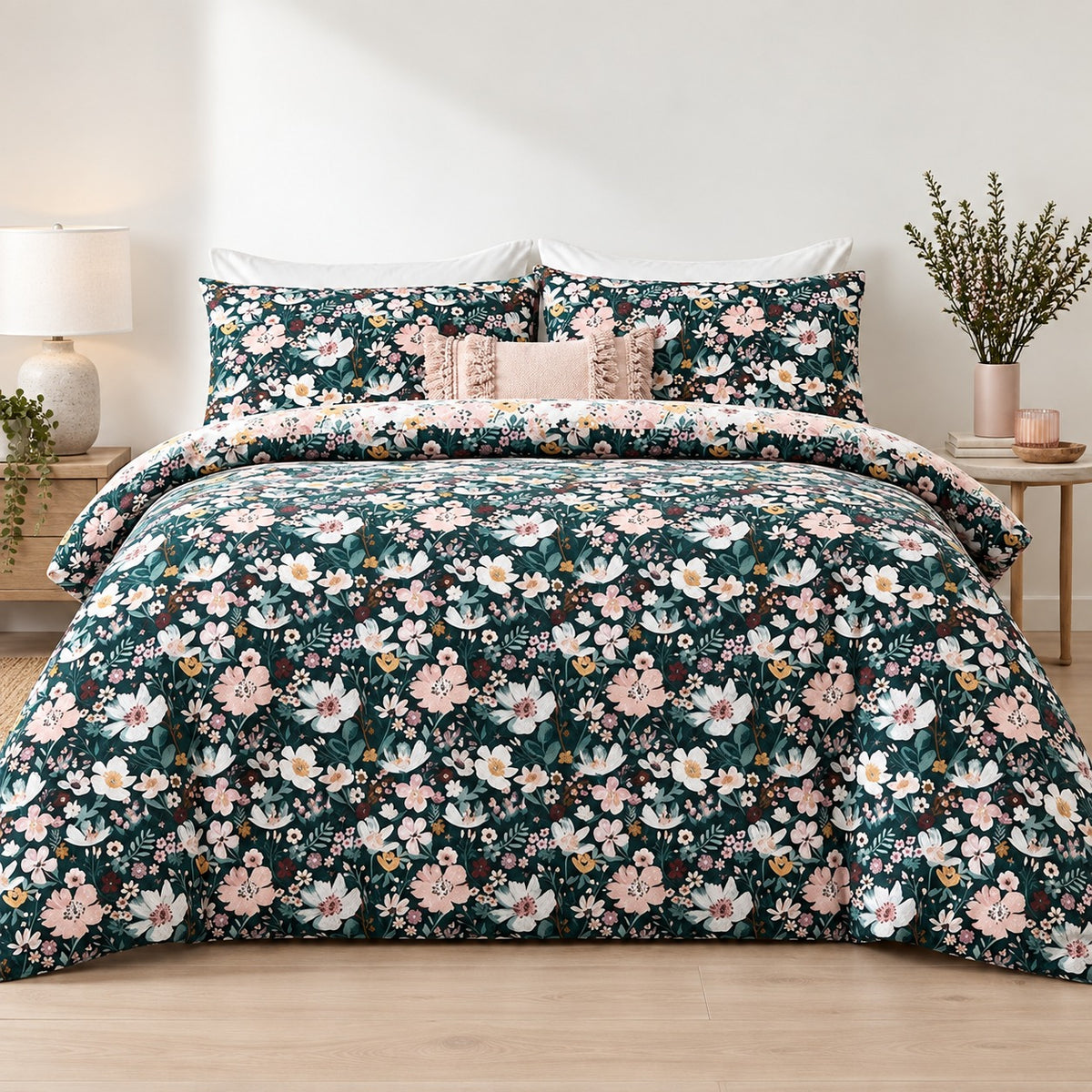 Sage Leafy Floral Percale Cotton Bed Sheet Set