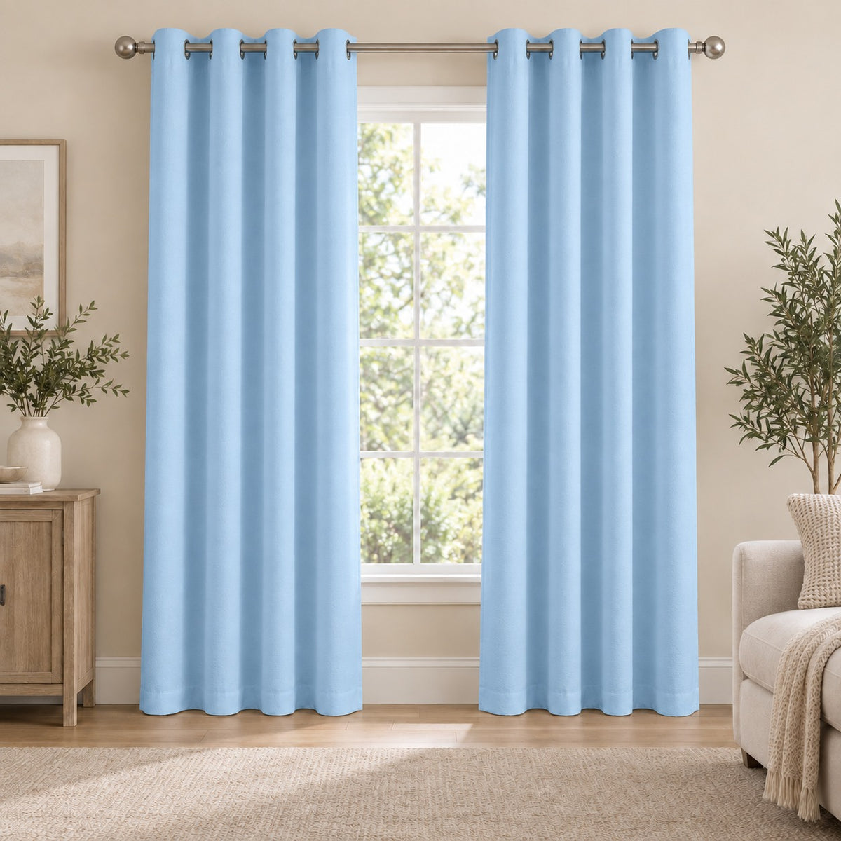 Set Of 2 Plain Sky Blue Window Curtains Panels