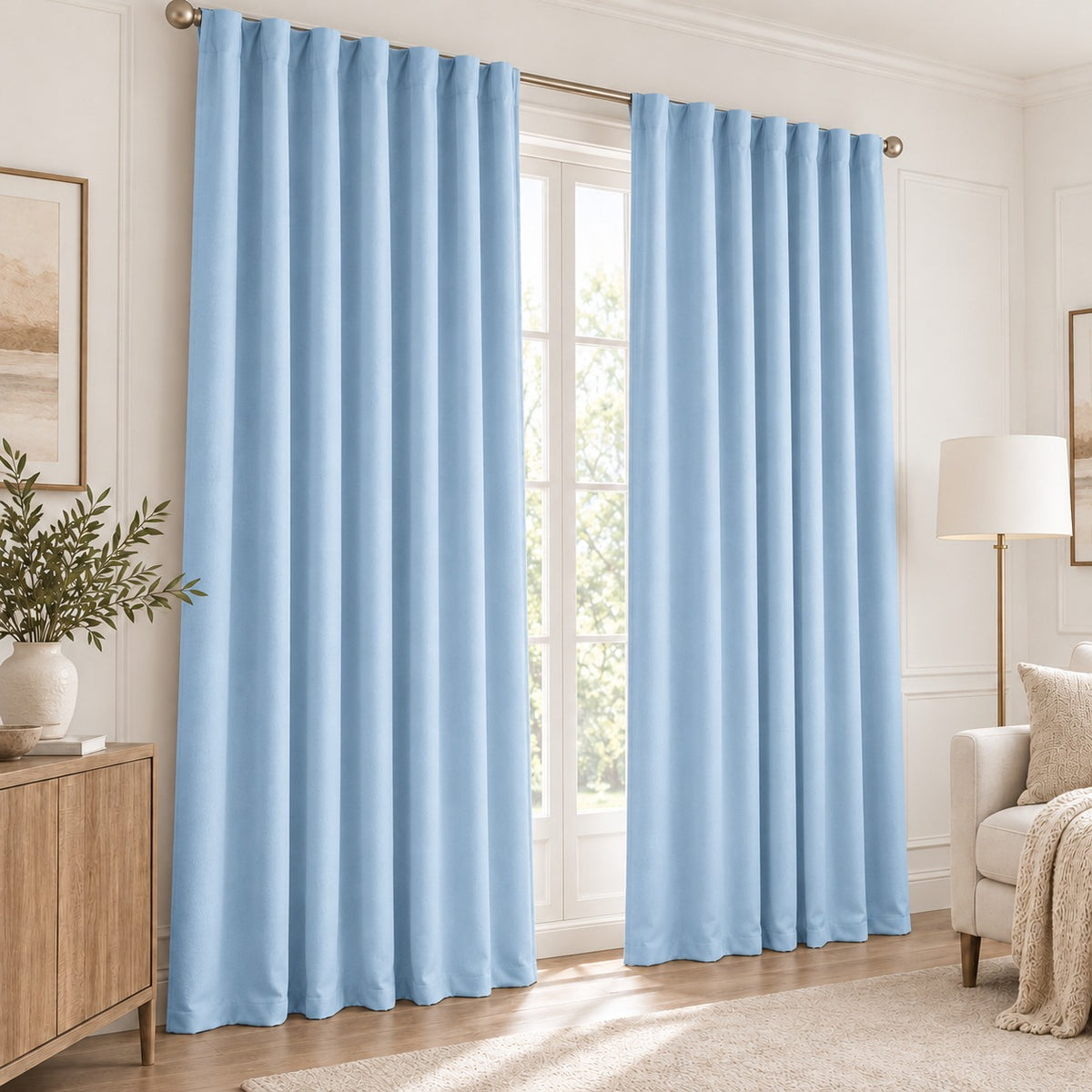 Set Of 2 Plain Sky Blue Window Curtains Panels