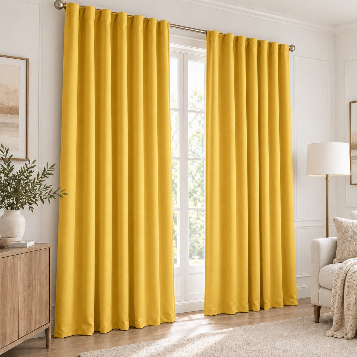 Set of 2 Plain Yellow Window Curtain Panels
