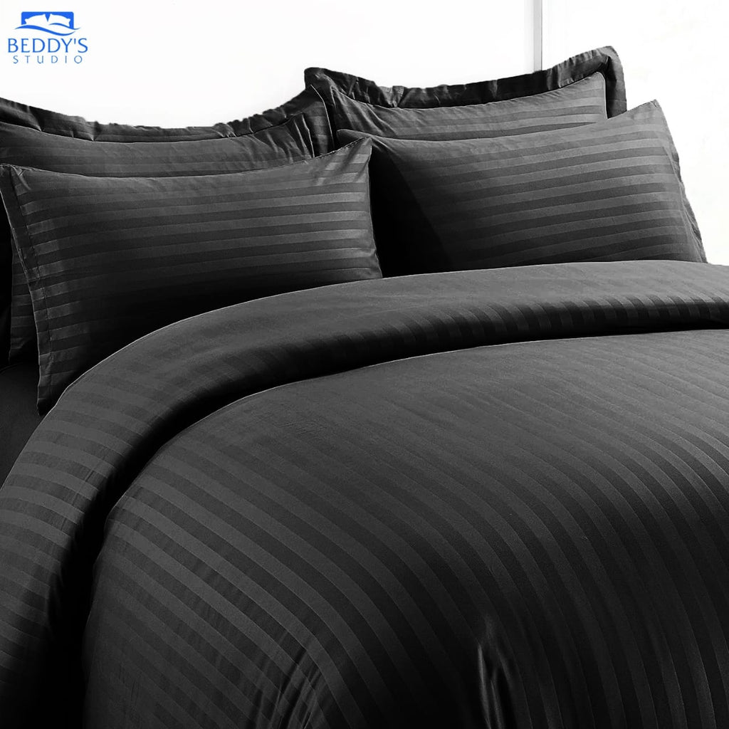 Deep Charcoal Black Vertical Hotel Stripe Bedsheet Set