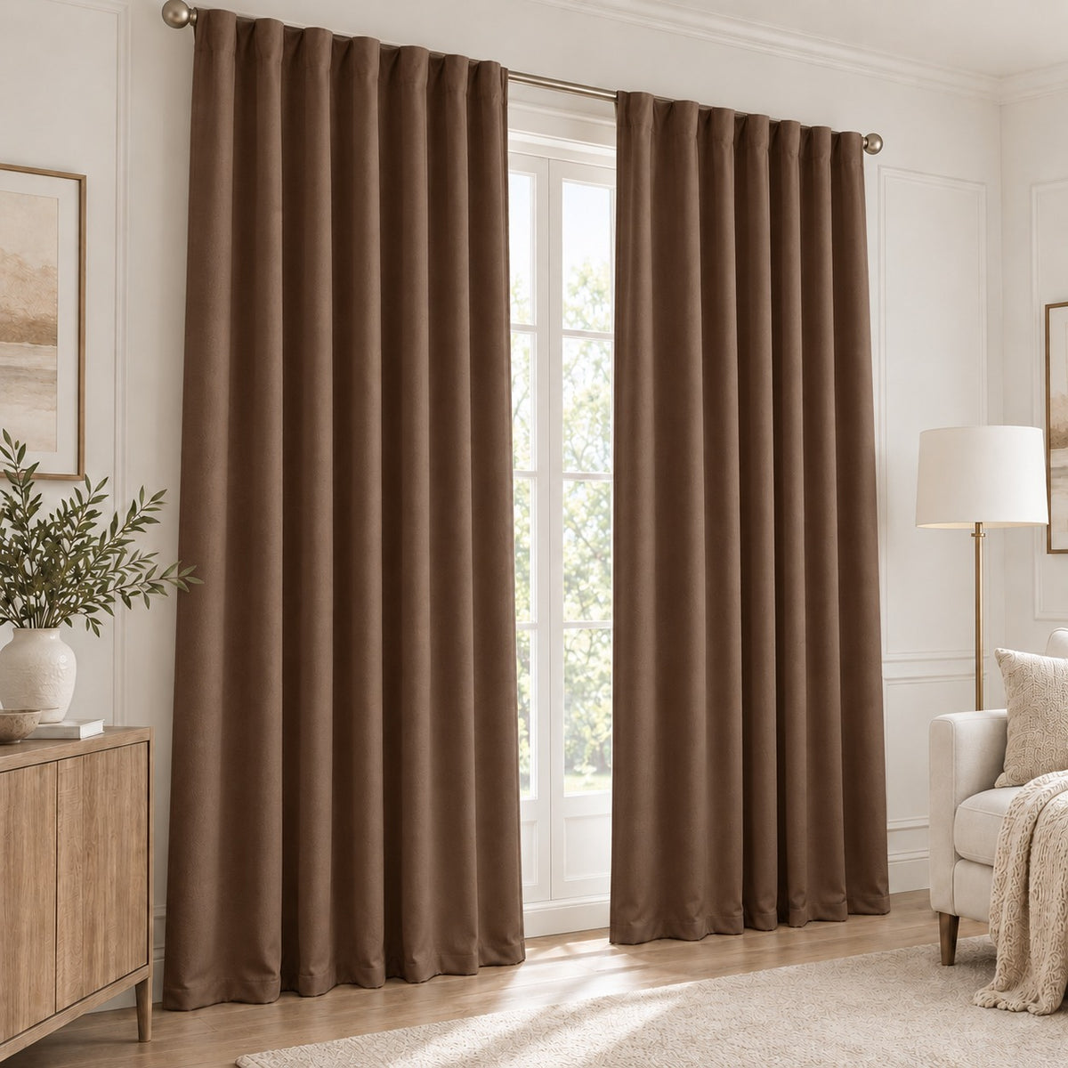 Set Of 2 Plain Brown Window Curtains Panels