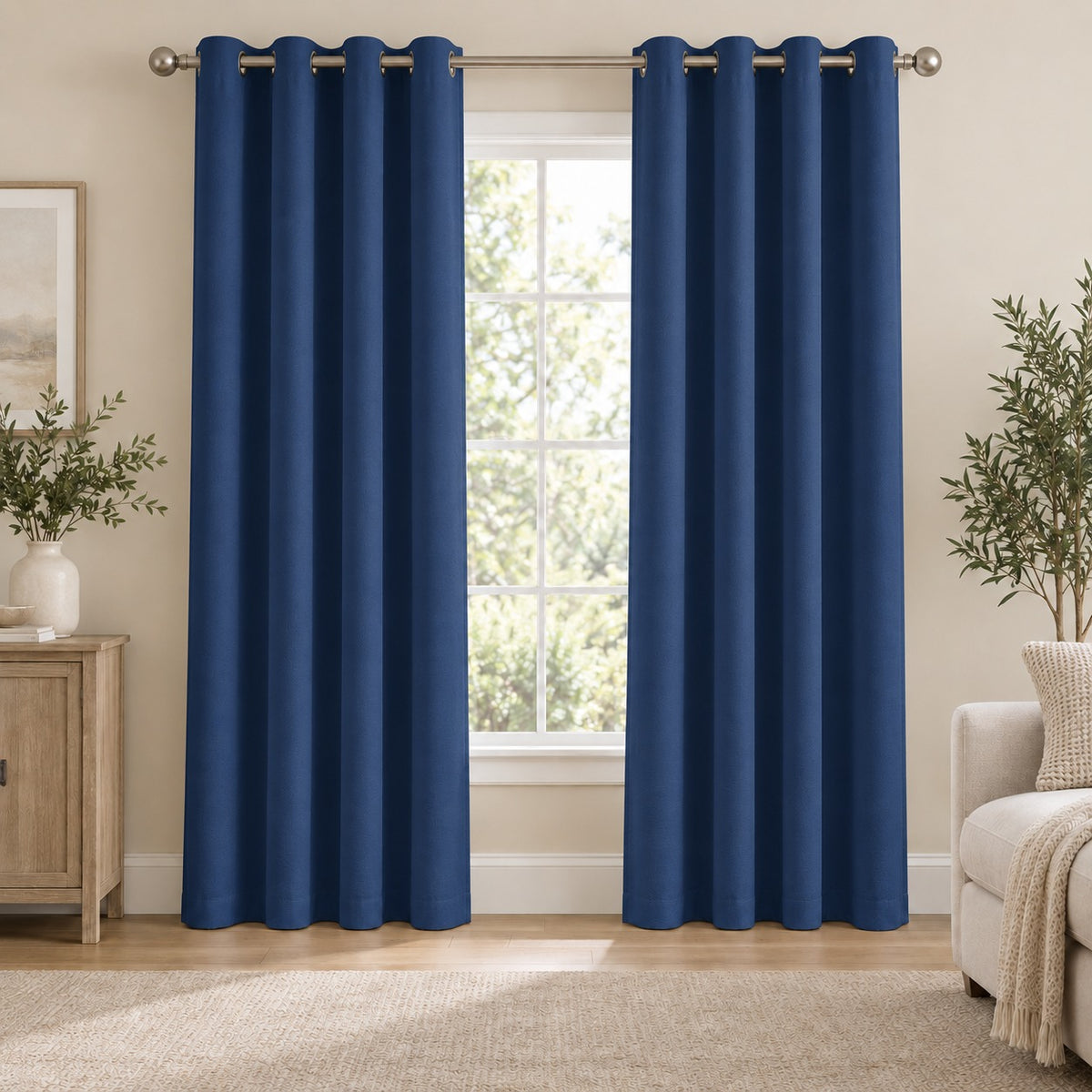 Set Of 2 Plain Blue Window Curtains Panels