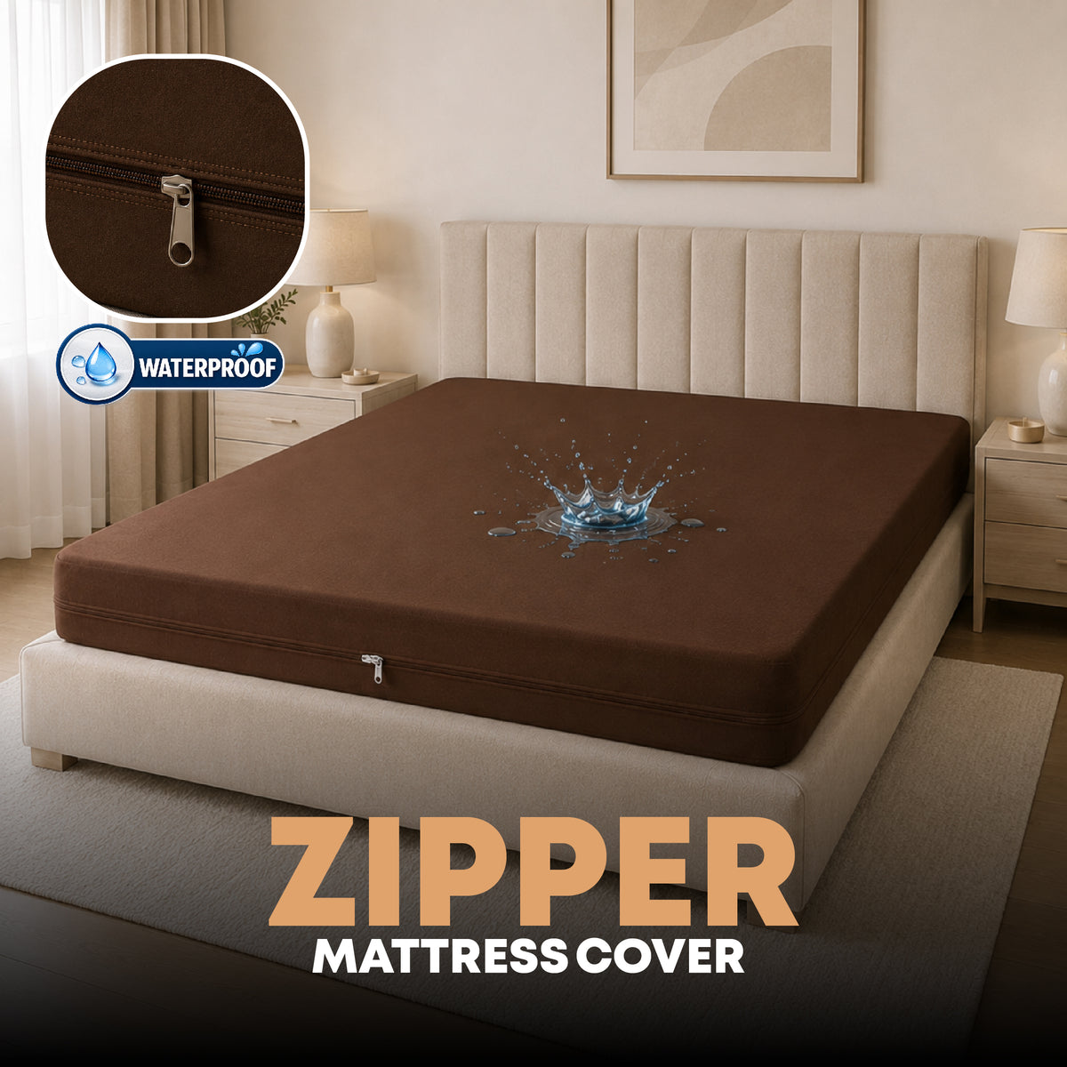 Zipper Waterproof Mattress Protect -  Brown