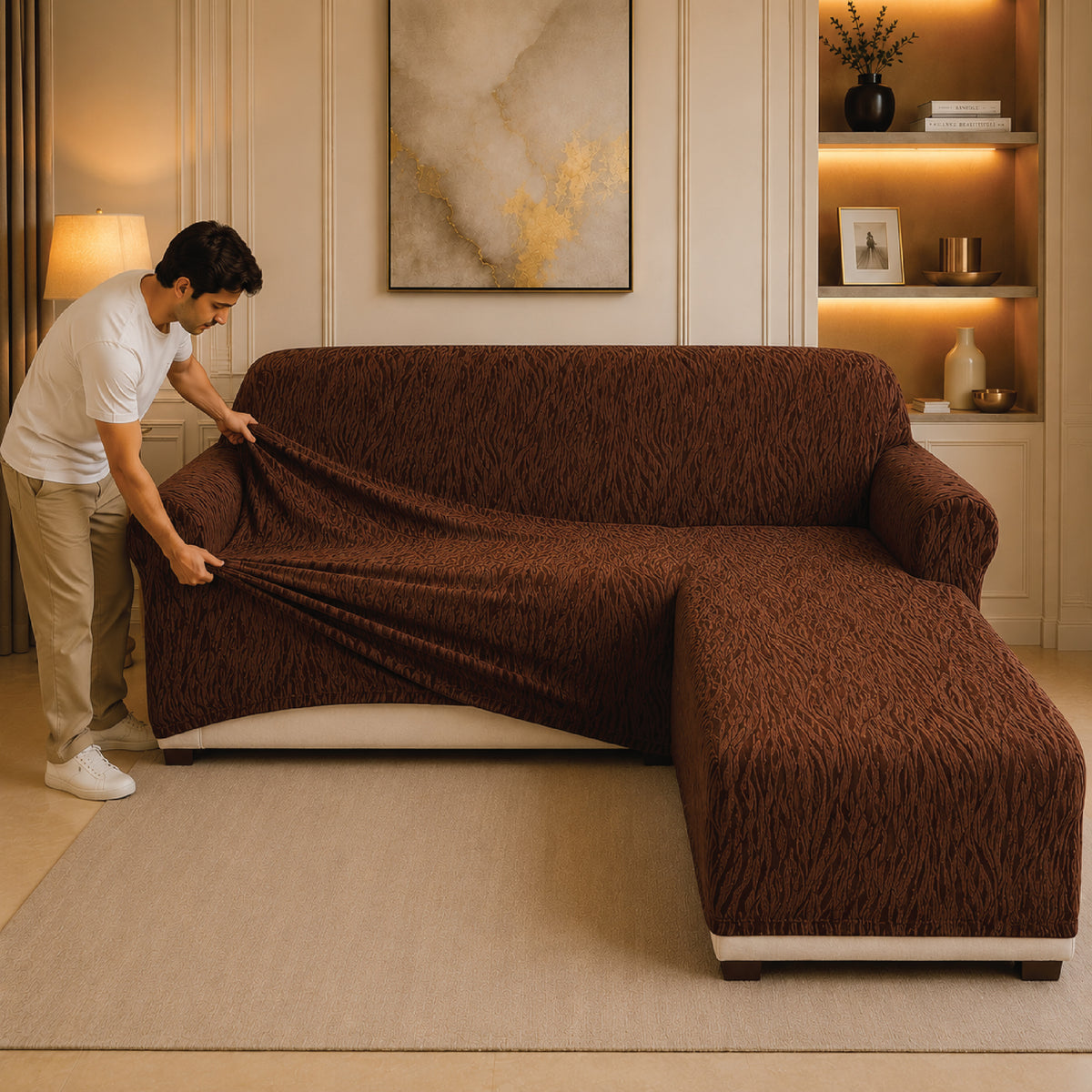 Zebra Velvet L Shape Fitted Sofa Cover - Brown