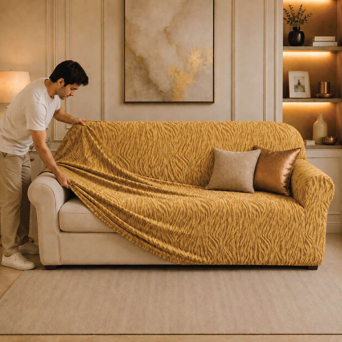 Zebra Velvet Fitted Sofa Cover - Golden