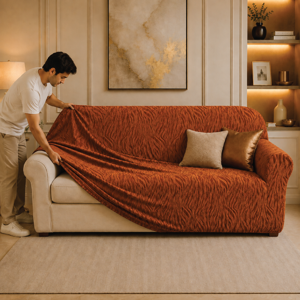 Zebra Velvet Fitted Sofa Cover - Copper