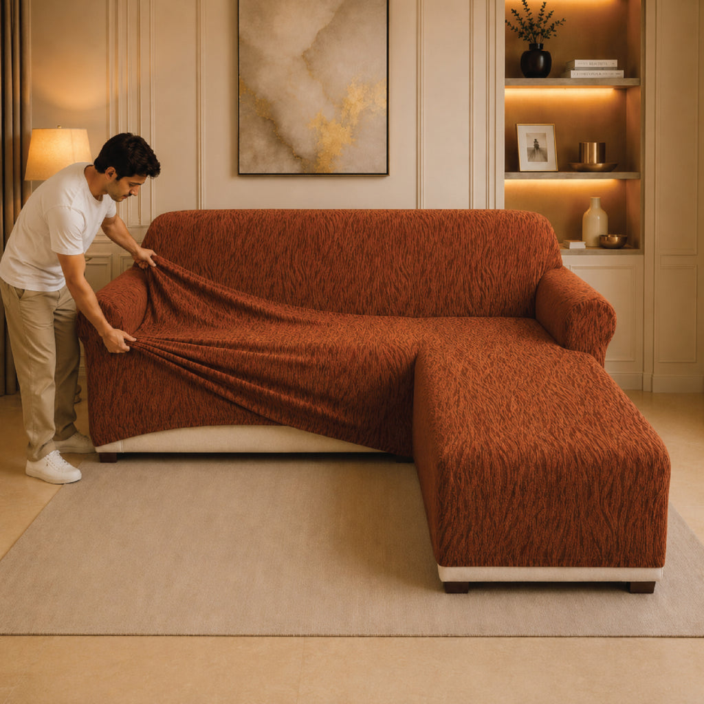 Zebra Velvet L Shape Fitted Sofa Cover - Copper
