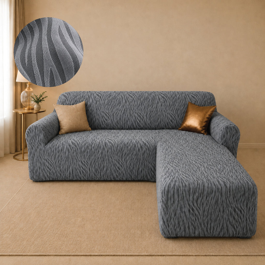 Zebra Velvet L Shape Fitted Sofa Cover - Grey