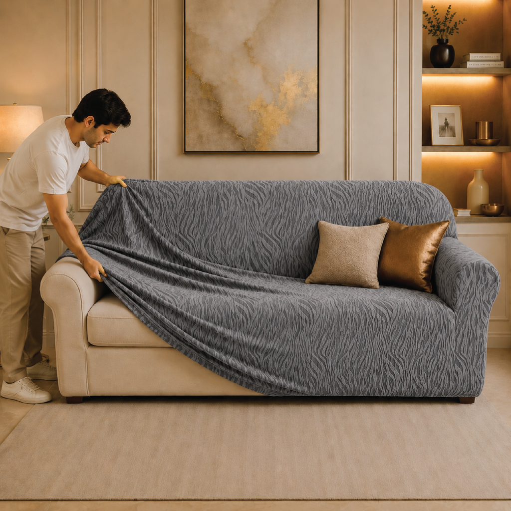 Zebra Velvet Fitted Sofa Cover - Grey