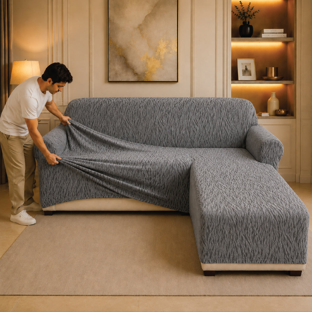 Zebra Velvet L Shape Fitted Sofa Cover - Grey