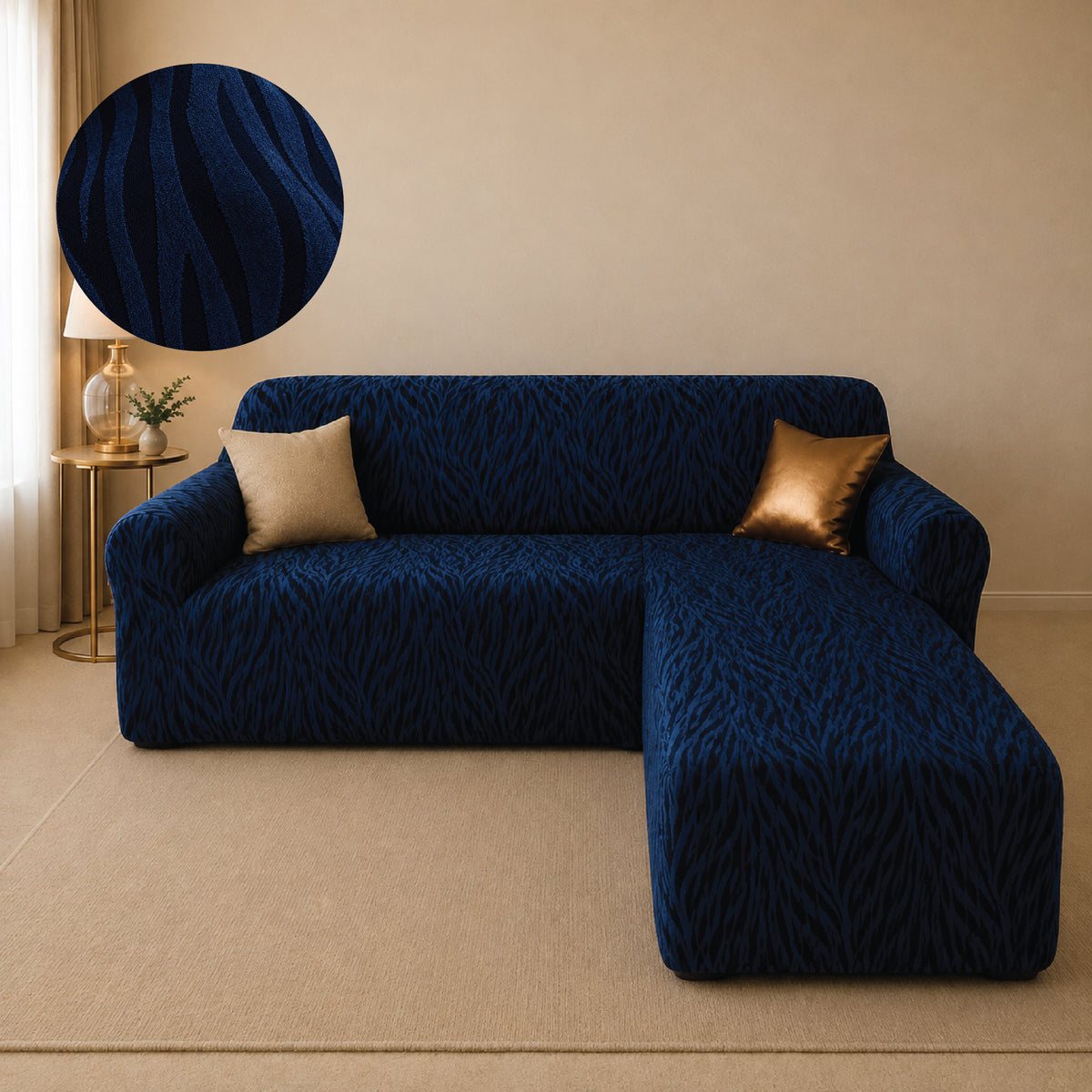 Zebra Velvet L Shape Fitted Sofa Cover - Blue