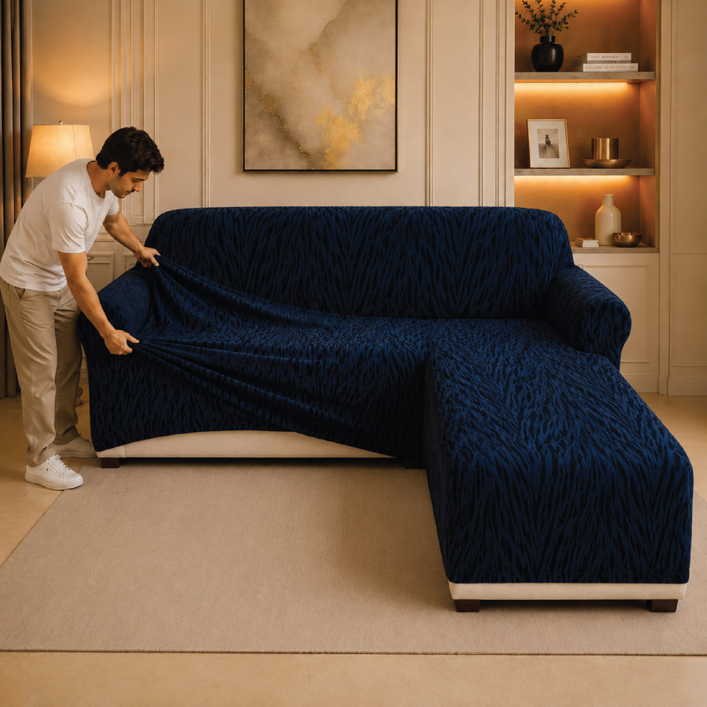 Zebra Velvet L Shape Fitted Sofa Cover - Blue