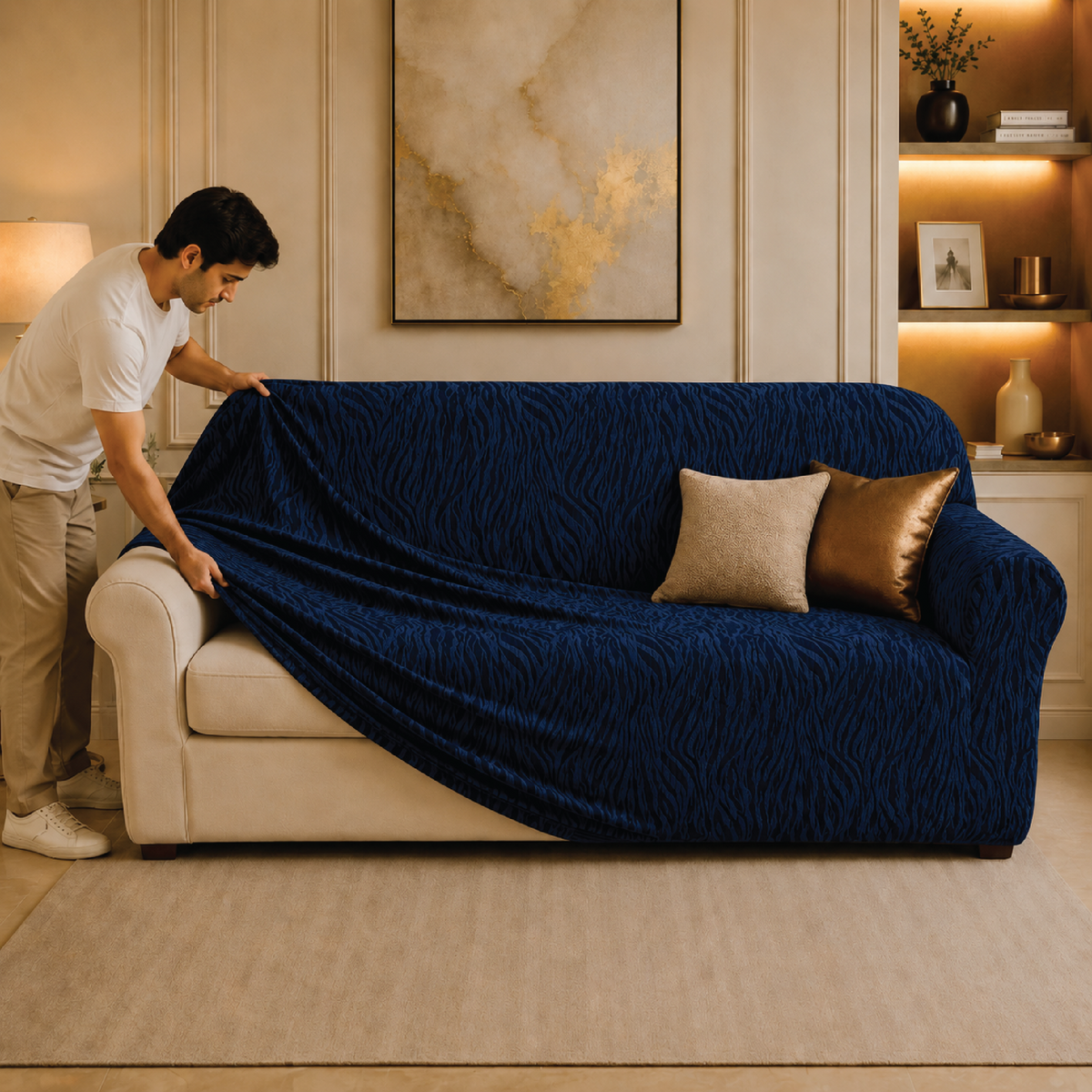 Zebra Velvet Fitted Sofa Cover - Blue