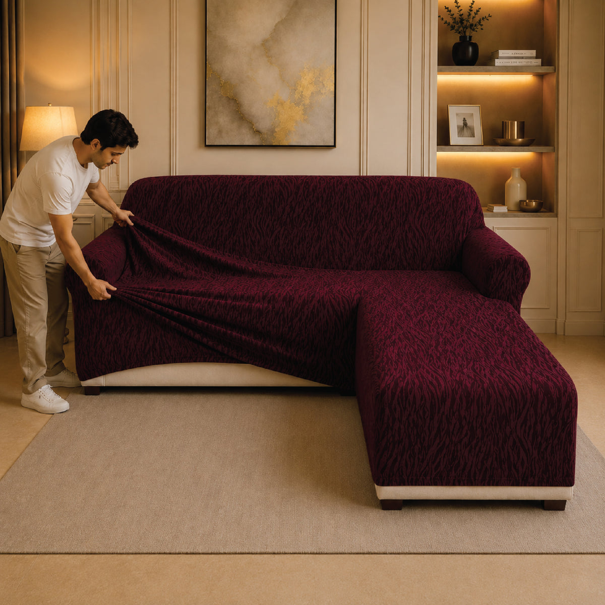 Zebra Velvet L Shape Fitted Sofa Cover - Maroon